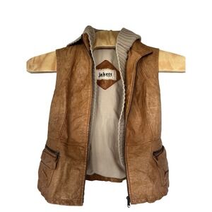 Jackett  New York Vegan Leather Moto Boho Vest Size M Tan Full Zip Attached Hood